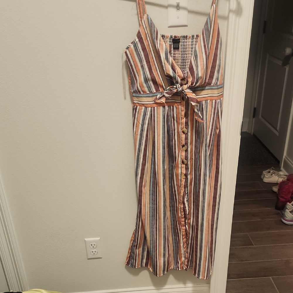 Striped Tie-Front Midi Dress in Multi-Color Stripes